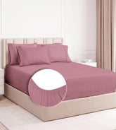 King Size Bedsheets With 2 Pillow Covers - Size-78 X72+10 Inches, Pink | All Around Elastic 220 TC Super Soft Striped Pattern Breathable