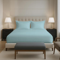 Plain Cotton Elastic Fitted Bedsheets Queen Size Two Pillow Cover - 63 X 78 Inches, Baby Blue | Breathable & Smooth Bedding Wrinkles | Elegant Hotel Like Look