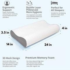 Cervical Contour Memory Foam Pillow For Sleeping, White & Grey - 19 X 12 X 4 Inch | Orthopedic Pillow For Neck Pain | Support For Back, Stomach, Side Sleepers, With Breathable Zip Cover