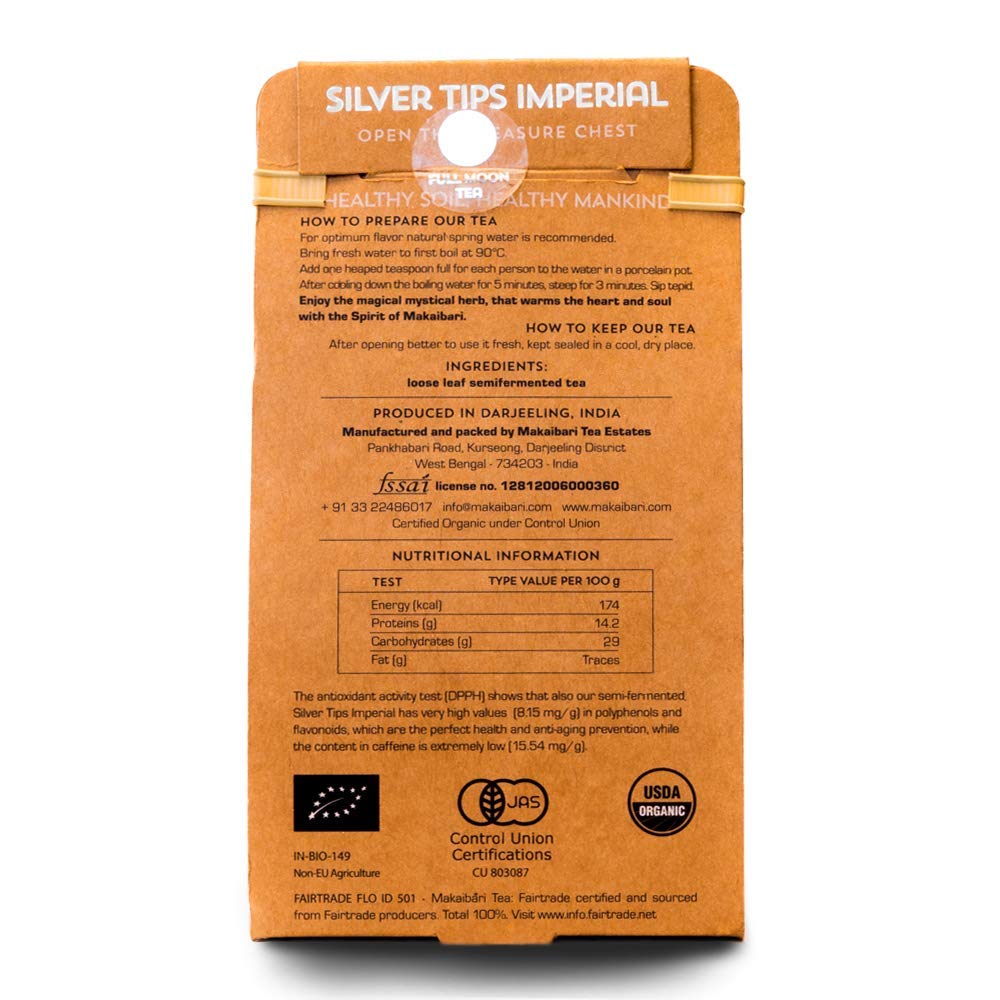 Makaibari Tea Treasures Silver Tips Imperial Oolong Tea - 50gm, 1.7 Ounce | USDA Certified Premium Darjeeling Full Moon Loose Leaf Tea - Low Caffeine Loose Leaves Makaibari Tea Treasures Silver Tips Imperial Oolong Tea - 50gm, 1.7 Ounce | USDA Certified Premium Darjeeling Full Moon Loose Leaf Tea - Low Caffeine Loose Leaves