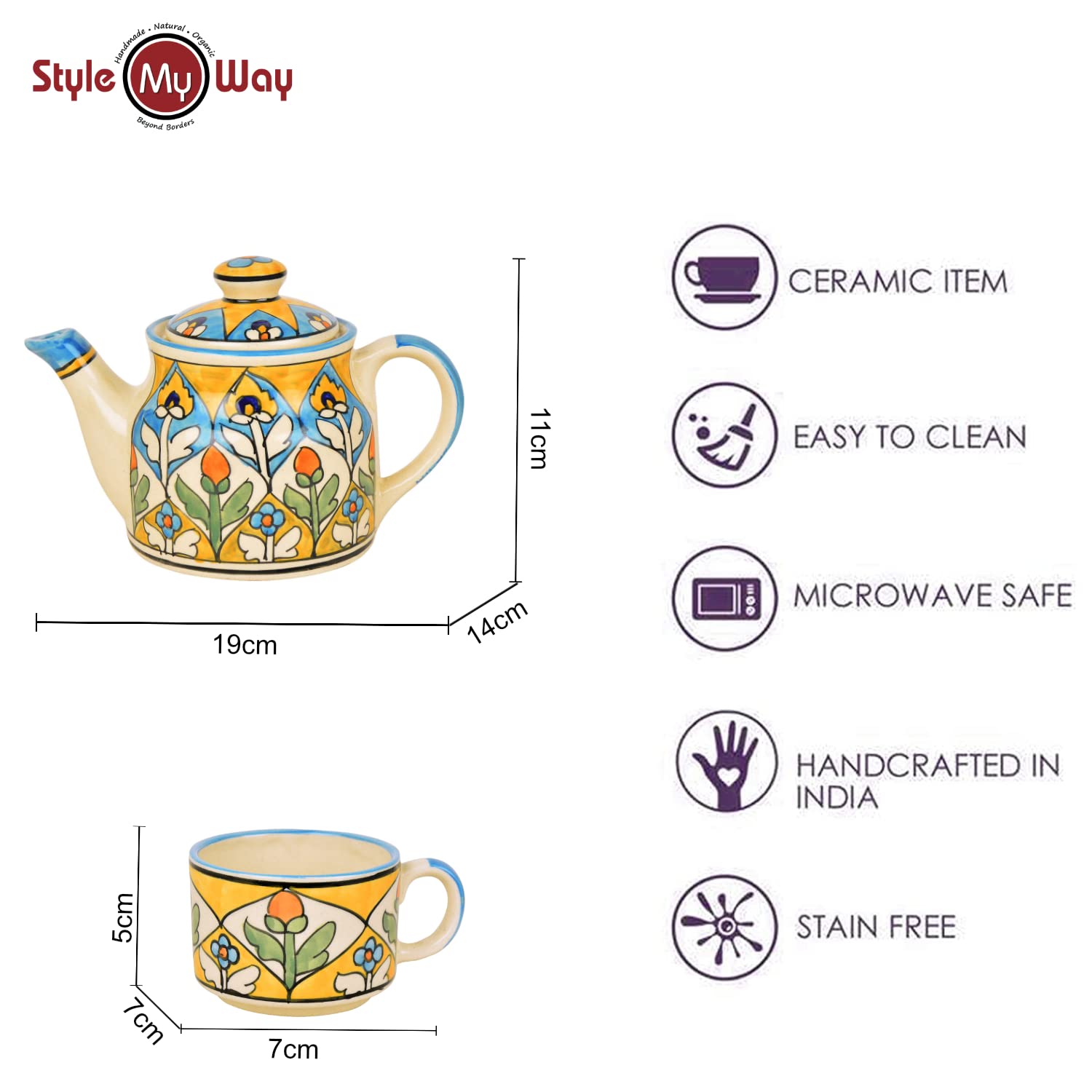Hand Painted Ceramic Tea Set - 1 Kettle + 4 Cups, Multicolor | Coffee Mugs With Kettle - Tea Cups With Kettle Hand Painted Ceramic Tea Set - 1 Kettle + 4 Cups, Multicolor | Coffee Mugs With Kettle - Tea Cups With Kettle