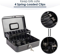 Large Cash Box With Money Tray & Lock, Metal Money Box Safe, Cash Register, 5 Compartments Cantilever Tray & 4 Spring - Loaded Clips For Bills,11.81"X 9.45"X 3.54" Colour - Black