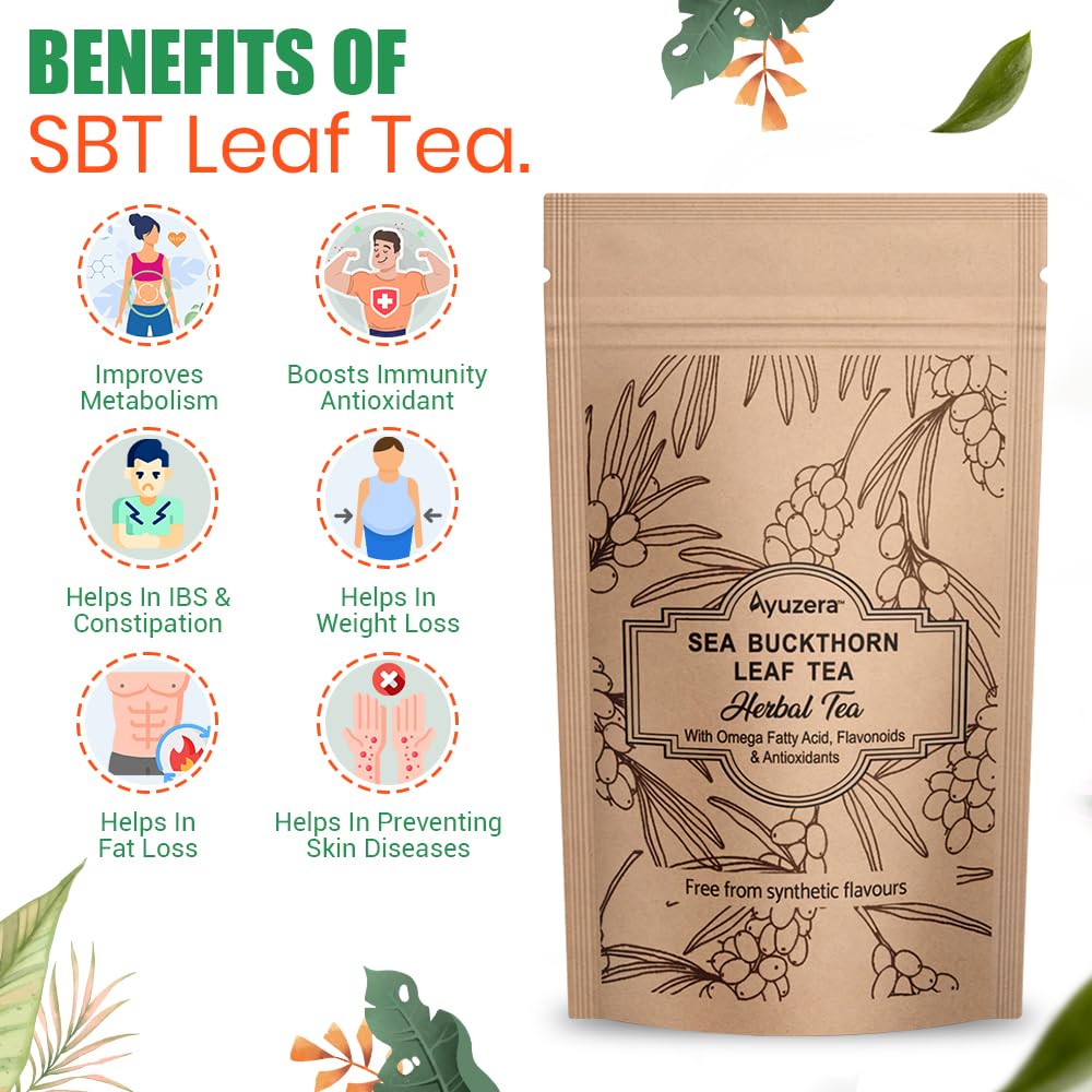 Ayuzera Sea Buckthorn Herbal Leaf Tea - 250gm, 8.8 Ounce | Good For Skin & Immunity, Improves Metabolism - Rich In Antioxidants, Caffeine Free Ayuzera Sea Buckthorn Herbal Leaf Tea - 250gm, 8.8 Ounce | Good For Skin & Immunity, Improves Metabolism - Rich In Antioxidants, Caffeine Free