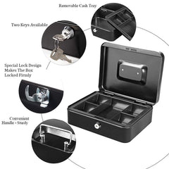 Small 10" Cash Box With Key Lock, Portable Petty Cash Box With Coin Tray, Money Safe Box, Colour - Black, Material - Alloy Steel