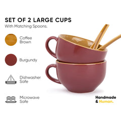 Ceramic Soup Bowl Set With Spoon Set Of 2 - Burgundy Brown, 350ml Each | Soup Mug - Soup Cup | 2 Soup Bowls + 2 Soup Spoons | Glossy Finish Ceramic Soup Bowls - Microwave Safe Soup Cup Set