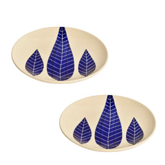 Hand Painted Ceramic Blue Leaf Quarter Plates Set Of 2 - 7 Inches, Blue & White | Dishwasher Safe Small Side Plates - Microwave Safe Snack Plates