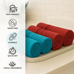 Akiko Home 100% Cotton Essential Series Face Towel 600 Gsm | Soft Absorbent & Durable Washcloth For Men & Women, Compact Travel Towel -Pack Of 4 (Teal & Maroon)