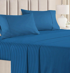 Double Bedsheets With 2 King Size Pillow Covers - King Size 90 x 100 Inches - Blue | All Around Elastic 210 TC Super Soft Striped Pattern Breathable