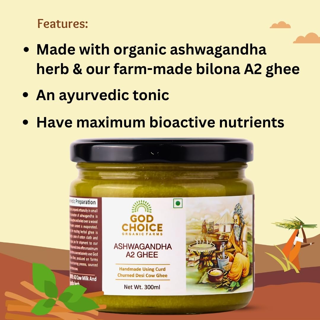 Organic Ashwagandha A2 Desi Cow Ghee By God Choice Organic Farms | Herbal Desi Cow Ghee from Bilona Method Healthy Desi Ghee For Improves Digestion | (300ml) 10.1 Ounce | Jar Pack Organic Ashwagandha A2 Desi Cow Ghee By God Choice Organic Farms | Herbal Desi Cow Ghee from Bilona Method Healthy Desi Ghee For Improves Digestion | (300ml) 10.1 Ounce | Jar Pack