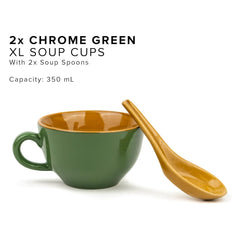 Ceramic Soup Bowl Set With Spoon Set Of 2 - Chrome Green, 350ml Each | Soup Mug - Soup Cup | 2 Soup Bowls + 2 Soup Spoons | Glossy Finish Ceramic Soup Bowls - Microwave Safe Soup Cup Set