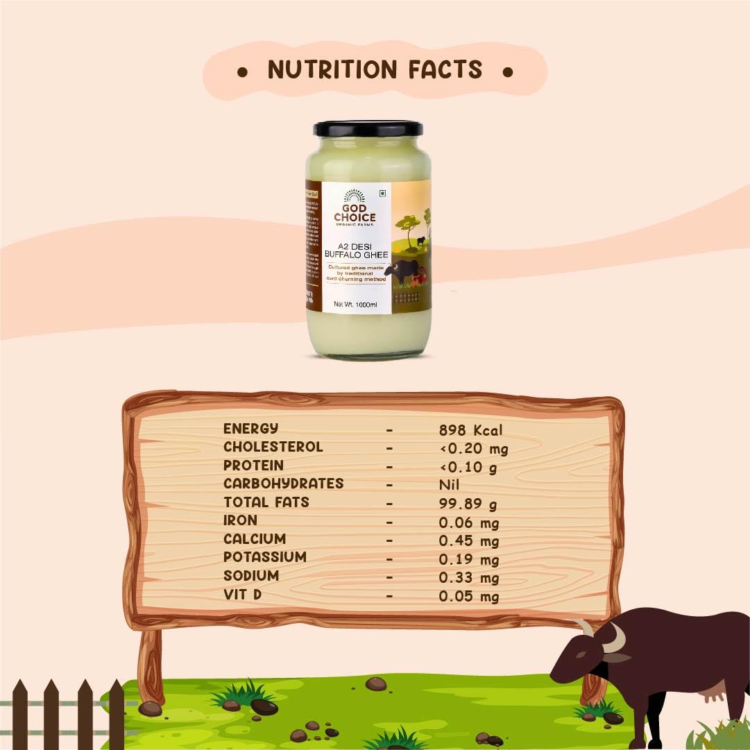 Organic A2 Desi Buffalo Ghee By God Choice Organic Farms | High In Protein Fiber Healthy Desi Ghee For Protact Eyesight | (1 Litr) 33.8 Ounce | Jar Pack Organic A2 Desi Buffalo Ghee By God Choice Organic Farms | High In Protein Fiber Healthy Desi Ghee For Protact Eyesight | (1 Litr) 33.8 Ounce | Jar Pack