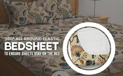 Premium Feel Cotton Bedsheets All Around Elastic Fitted For Double Bedsheet - Size 72x78x10 Inches, Beige | Beautiful Print & Luxury Look Bedsheet