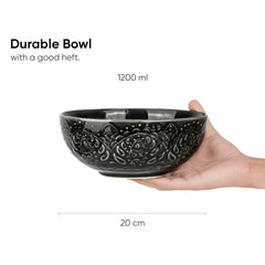 Ceramic Carving Large Serving Bowls Set Of 1 Pc - 1200ml, Black Carving | Premium Ceramic Bowls - Large Size | Microwave Safe Bowls - Bowl Sets With Glossy Finish | Ceramic Bowl