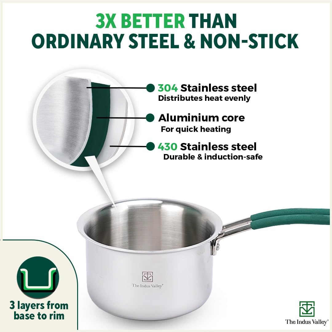 Triply Stainless Steel Sauce Pan Or Milk Pan With Steel Lid For 2-3 People | Small, 16.7cm, 6.6 Inch, 1.4 Liters, 0.9 Kg - Induction Friendly, Nonstick 3-Layer Body, 100% Pure & Toxin-Free Triply Stainless Steel Sauce Pan Or Milk Pan With Steel Lid For 2-3 People | Small, 16.7cm, 6.6 Inch, 1.4 Liters, 0.9 Kg - Induction Friendly, Nonstick 3-Layer Body, 100% Pure & Toxin-Free
