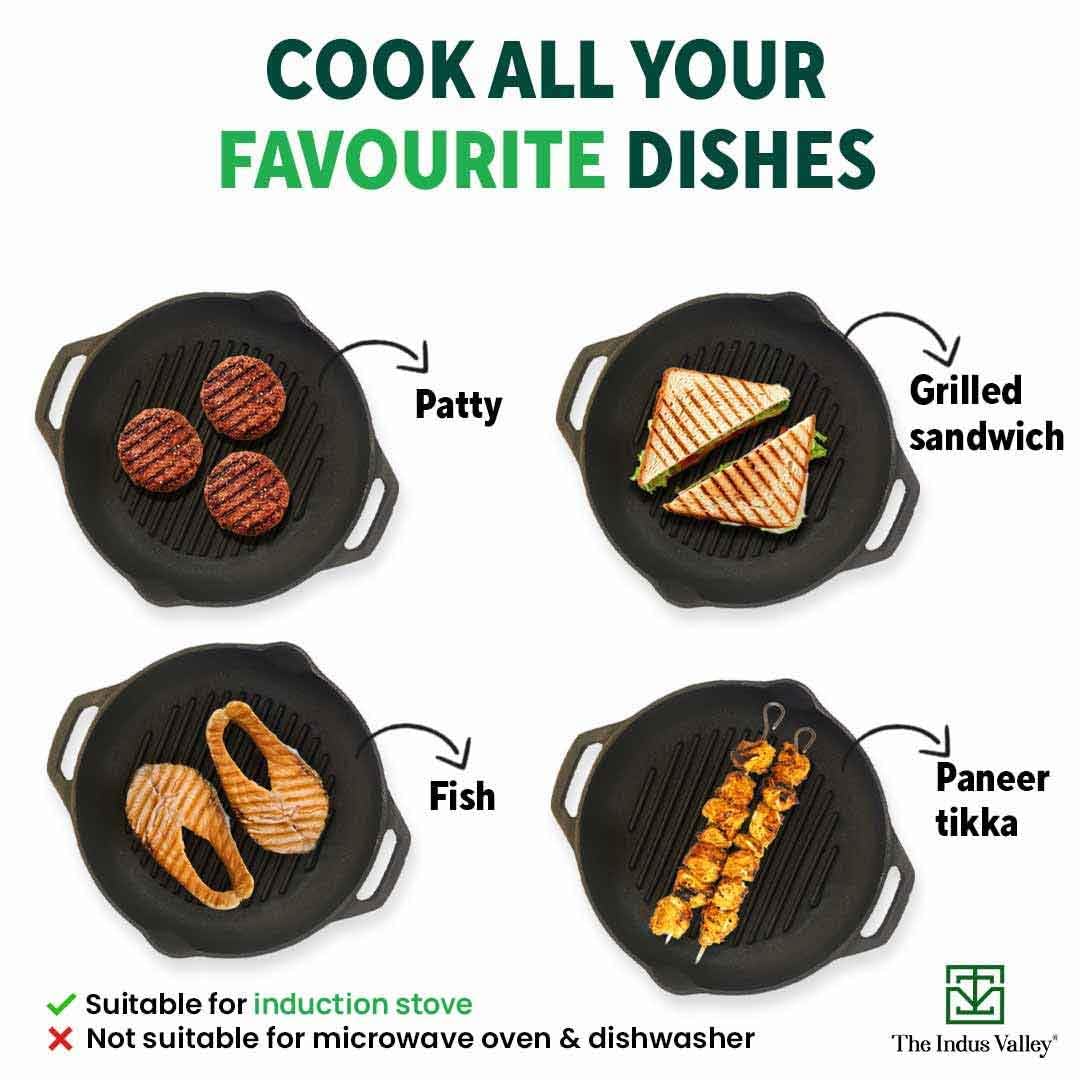 Pre-Seasoned Black Cast Iron Round Grill Pan With Double Handle - Medium, 26.7 Cm, 10.5 Inch, 0.6 Liters, 2.1 Kg | Induction Friendly, 100% Pure & Toxin-Free, No Chemical Coating Pre-Seasoned Black Cast Iron Round Grill Pan With Double Handle - Medium, 26.7 Cm, 10.5 Inch, 0.6 Liters, 2.1 Kg | Induction Friendly, 100% Pure & Toxin-Free, No Chemical Coating