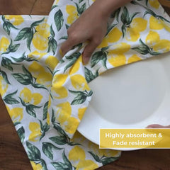 Oak & Lily 100% Cotton Kitchen Napkins Dish Towels 350 Gsm | Premium European Quality Washable, Large Size Kitchen Cloth For Roti, Cleaning, Drying | Lemon Yellow Print (Set Of 3)