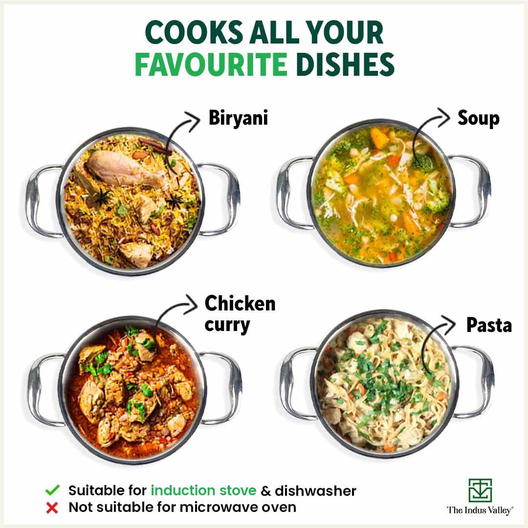 Triply Stainless Steel Stock Pot Or Casserole With Steel Lid | Very Small, 20cm, 7.8 Inch, 2.1 Liters, 1.3 Kg - Induction Friendly, Nonstick 3-Layer Body, 100% Pure & Toxin-Free Triply Stainless Steel Stock Pot Or Casserole With Steel Lid | Very Small, 20cm, 7.8 Inch, 2.1 Liters, 1.3 Kg - Induction Friendly, Nonstick 3-Layer Body, 100% Pure & Toxin-Free
