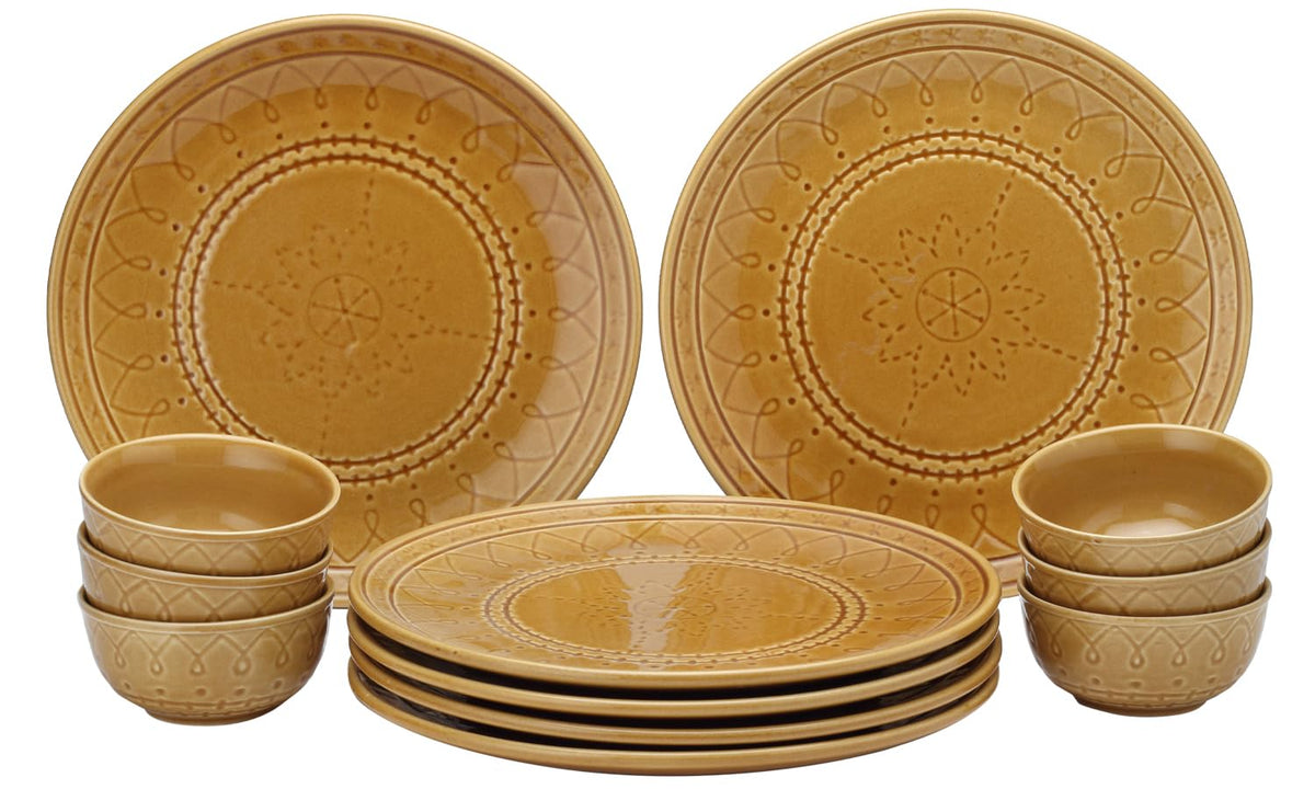 Handcrafted Stoneware Embossed Dinner Set Of 6 - Ceramic Pack Of 12 Pcs, Golden Brown | 4 Dinner Plates + 4 Bowl Or Katori, 180ml Each - Microwave & Dishwasher Safe | Serving For 6