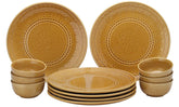 Handcrafted Stoneware Embossed Dinner Set Of 6 - Ceramic Pack Of 12 Pcs, Golden Brown | 4 Dinner Plates + 4 Bowl Or Katori, 180ml Each - Microwave & Dishwasher Safe | Serving For 6