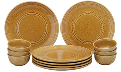 Handcrafted Stoneware Embossed Dinner Set Of 6 - Ceramic Pack Of 12 Pcs, Golden Brown | 4 Dinner Plates + 4 Bowl Or Katori, 180ml Each - Microwave & Dishwasher Safe | Serving For 6