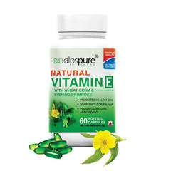 Alpspure Nutra Natural Vitamin E Softgel Capsules Natural Source For Skin, Hairs & Body Care, Immunity Booster, Controls Wrinkling & Skin Roughness | 60 Softgels , 100gm 0.2lbs