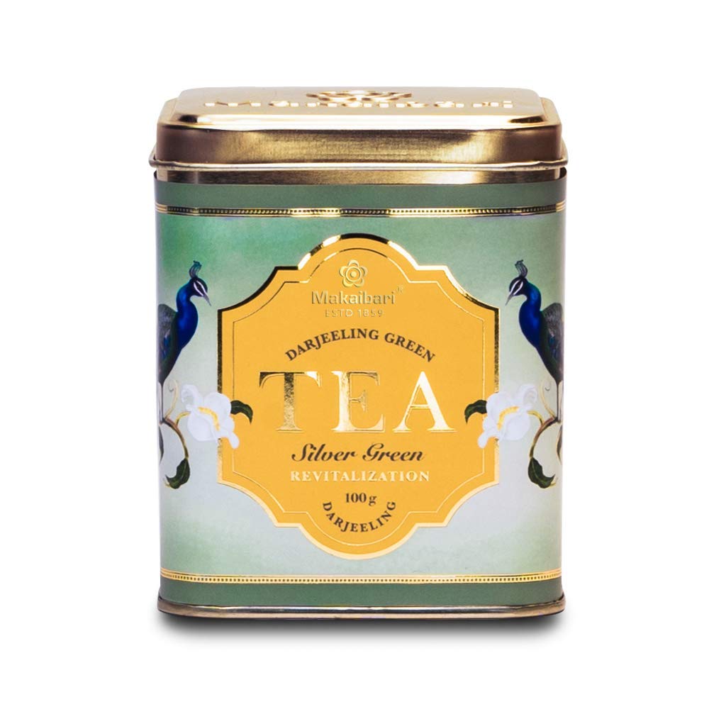 Makaibari Tea Treasures Silver Green Darjeeling Green Tea - 100gm Tin Caddy, 3.5 Ounce | USDA Certified Premium Revitalizing Loose Long Leaf Green Tea - Low Caffeine Loose Leaves