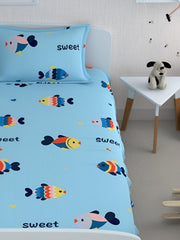 Kids 1 Single Bedsheet With 1 Pillow Covers - 42 X 75 X 8 Inches, Sky Blue | Cotton Feel All Around Elastic Fitted Bedsheet - Suitable For Children Room Breathable & Wrinkle Free