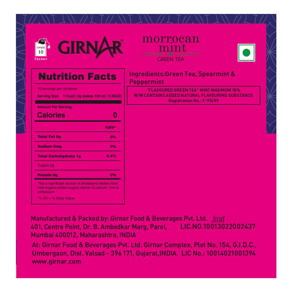 Girnar Refreshing Morrocan Mint Green Tea - 12gm, 0.4 Ounce, 10 Tea Bags | ?No Artificial Colors, No Artificial Flavor, No Preservatives - Caffeine Free Green Tea Girnar Refreshing Morrocan Mint Green Tea - 12gm, 0.4 Ounce, 10 Tea Bags | ?No Artificial Colors, No Artificial Flavor, No Preservatives - Caffeine Free Green Tea