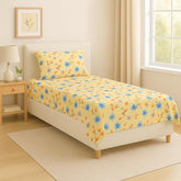 Single Bedsheet With 1 Pillow Cover - Size 90 X 60 Inches, Beige & Blue | Soft Touch Cotton Fabric-Comfortable & Durable | Elegant Printed Bedding Set For Daily Use