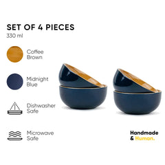 Ceramic Bowl Set Of 4 Pieces For Snacks - 330ml Each, Midnight Blue | Maggie Bowl, Noodle Bowl With Glossy Finish - Premium Stoneware | Microwave Safe & Dishwasher Safe
