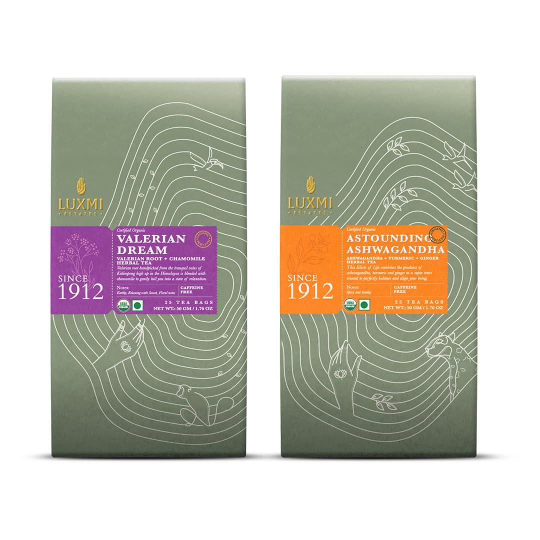 Luxmi Estates Valerian Dream + Astounding Ashwagandha Herbal Tea Pack Of 2 - 50gm, 1.7 Ounce, 25 Tea Bags Each | USDA Certified Organic Tea - De-Stress, Evening Time, Comforting Teas