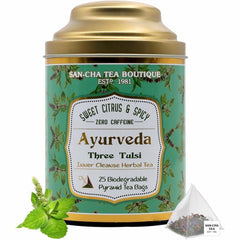 San-Cha Ayurveda Three Tulsi Herbal Tea - 25 Biodegradable Pyramid Tea Bags | Sweet Citrus & Spicy Inner Cleanse Herbal Tea - Zero Caffeine