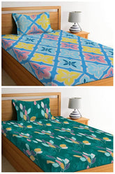 Printed Bedsheets Combo Pack Of 2 Single Bedsheet With 2 Pillow Cover | 58 X 88 Inches, Dark Green & Multicolor | Super Soft Premium Brushed Glace Cotton Bedsheet, Breathable & Wrinkle Free