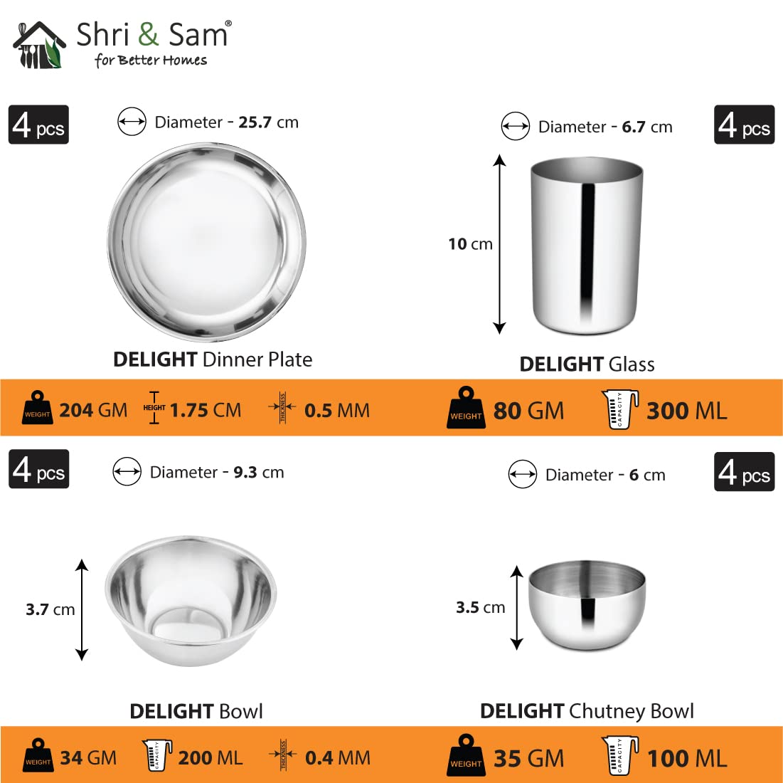 Stainless Steel Delight Solid Dinner Set Of 32 Pieces, Silver | 4 Dinner Plates+ 4 Glasses+ 4 Bowls+ 4 Chutney Bowls+ 4 Pudding Bowls+ 4 Dessert Spoons+ 4 Dessert Fork+ 4 Tea Spoons Stainless Steel Delight Solid Dinner Set Of 32 Pieces, Silver | 4 Dinner Plates+ 4 Glasses+ 4 Bowls+ 4 Chutney Bowls+ 4 Pudding Bowls+ 4 Dessert Spoons+ 4 Dessert Fork+ 4 Tea Spoons