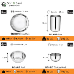 Stainless Steel Delight Solid Dinner Set Of 32 Pieces, Silver | 4 Dinner Plates+ 4 Glasses+ 4 Bowls+ 4 Chutney Bowls+ 4 Pudding Bowls+ 4 Dessert Spoons+ 4 Dessert Fork+ 4 Tea Spoons