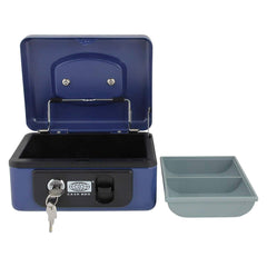 Imported Metal Cash Box With Dual Combination & Password Lock Small Size Money Box For Cash, Jewellery Safe Locker With Removable Plastic Coin Tray, Colour - Blue, Material - Metal