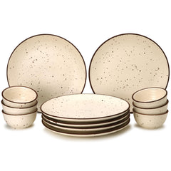 Handcrafted Ceramic Solid Dinner Set Of 12 - Beige | 6 Serving Dinner Plates, 10.6 Inch Each + 6 Small Dinner Bowls, 180ml Each | Stoneware - Dinnerware | Microwave & Dishwasher Safe