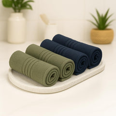 Akiko Home 100% Cotton Essential Series Face Towel 600 Gsm | Soft Absorbent & Durable Washcloth For Men & Women, Compact Travel Towel -Pack Of 4 (Green & Navy)