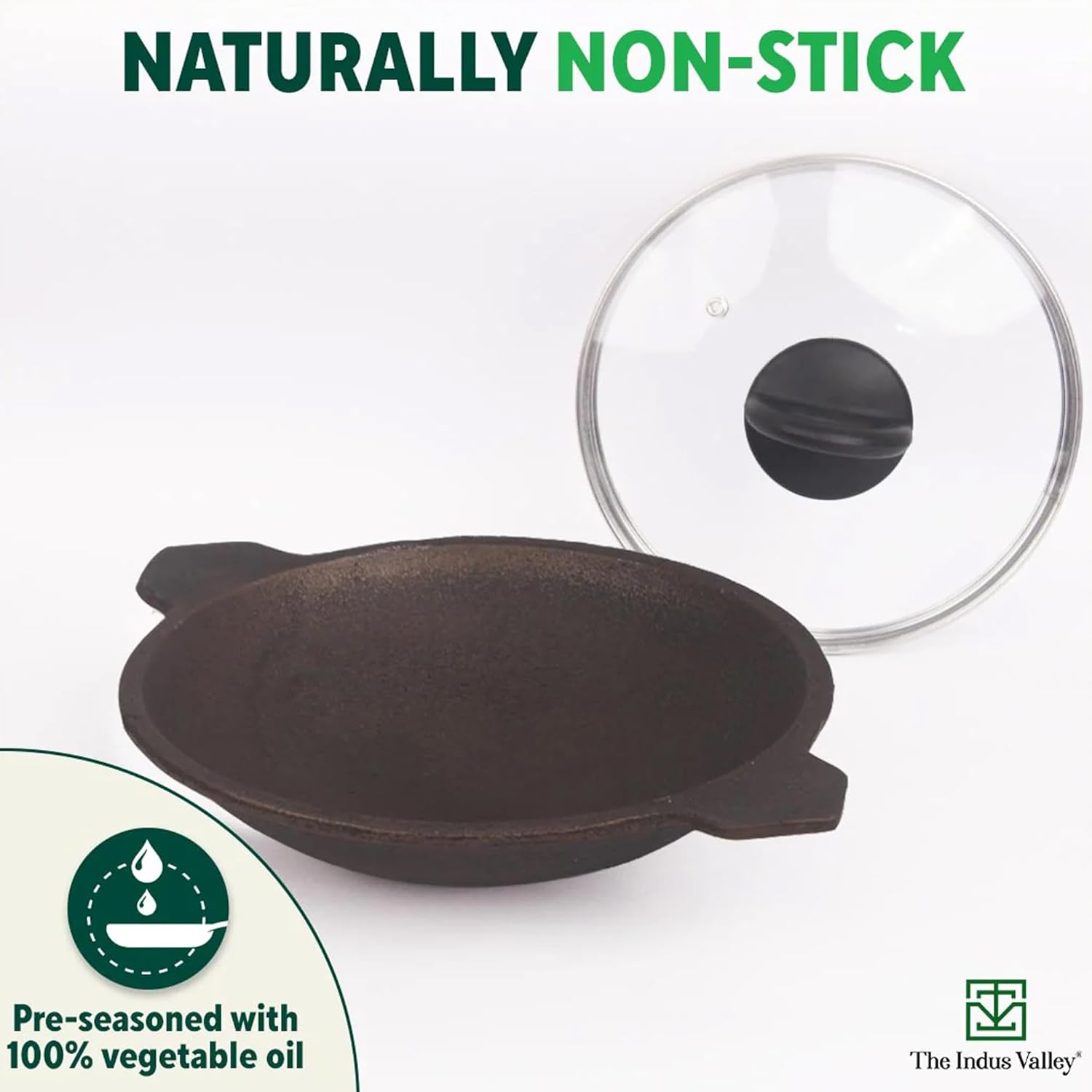 Pre-Seasoned Black Cast Iron Appam Pan With Glass Lid - 25.4 Cm, 10 Inch, 1.5 Kg | Gas Compatible, Nonstick Appam Pan, 100% Pure & Toxin-Free, No Chemical Coating Pre-Seasoned Black Cast Iron Appam Pan With Glass Lid - 25.4 Cm, 10 Inch, 1.5 Kg | Gas Compatible, Nonstick Appam Pan, 100% Pure & Toxin-Free, No Chemical Coating