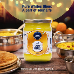 Pure A2 Cow Ghee By Pure Whites | Homemade Organic & Fresh Ghee Prepared Using Traditional Vedic Bilona Method | (500ml) 16.9 Ounce | Jar Pack