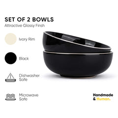 Ceramic Pasta Bowl Set Of 2 Pieces - 18cm, Black, 800ml Each | Stoneware Ceramic Serving Bowls | Pasta Plate - Deep Plate | Ceramic Bowl With Glossy Finish - Pasta Serving Plate