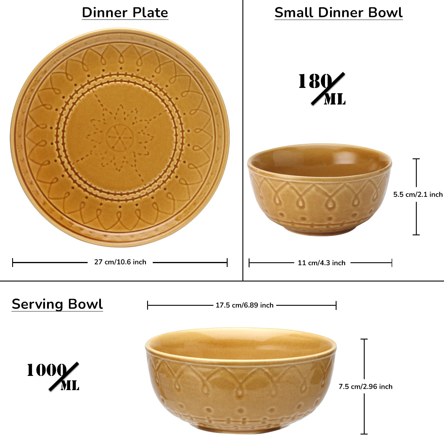 Handcrafted Stoneware Embossed Ceramic Dinner Set Of 20 Pcs With Serving Bowl Set - Golden Brown | 6 Dinner Plates+ 12 Small Dinner Bowls, 180ml Each+ 2 Serving Bowl, 1000ml Each | Serving For 6 Handcrafted Stoneware Embossed Ceramic Dinner Set Of 20 Pcs With Serving Bowl Set - Golden Brown | 6 Dinner Plates+ 12 Small Dinner Bowls, 180ml Each+ 2 Serving Bowl, 1000ml Each | Serving For 6