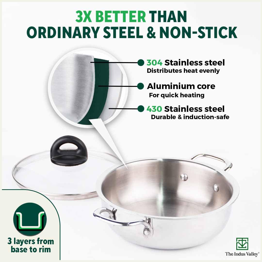 Triply Stainless Steel Deep Kadai With Glass Lid - 22.2cm, 8.7 Inch, 1.5 Liters, 1.38 Kg | Induction Friendly, Nonstick 3-Layer Body, 100% Pure & Toxin-Free, Silver Triply Stainless Steel Deep Kadai With Glass Lid - 22.2cm, 8.7 Inch, 1.5 Liters, 1.38 Kg | Induction Friendly, Nonstick 3-Layer Body, 100% Pure & Toxin-Free, Silver