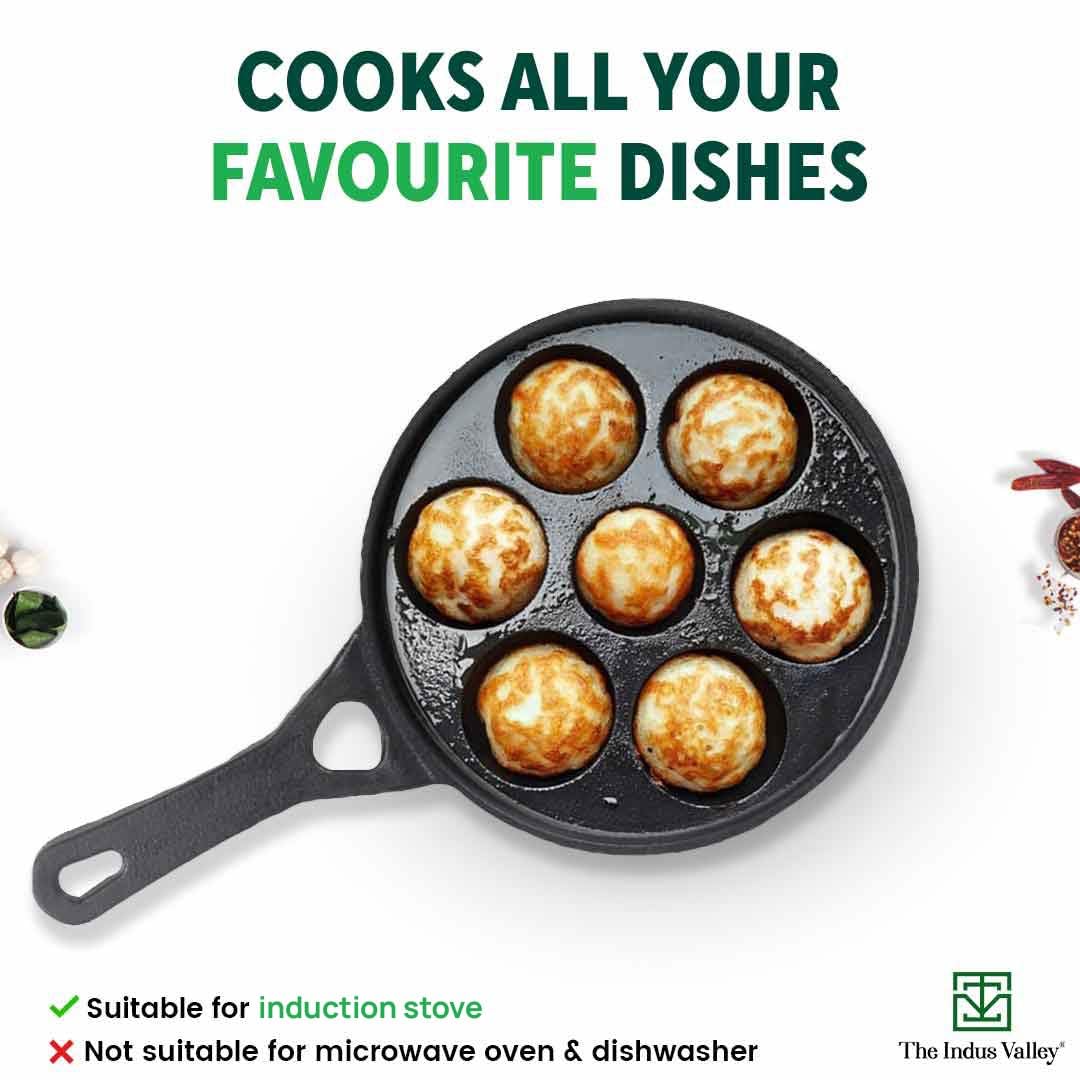 Super Smooth Black Cast Iron Paniyaram Pan With Long Handle & Glass Lid - 7 Pit, 21cm, 8.3 Inch, 1.9 Kg | Gas Compatible, Pre-Seasoned, 100% Toxin-Free, Naturally Nonstick Super Smooth Black Cast Iron Paniyaram Pan With Long Handle & Glass Lid - 7 Pit, 21cm, 8.3 Inch, 1.9 Kg | Gas Compatible, Pre-Seasoned, 100% Toxin-Free, Naturally Nonstick