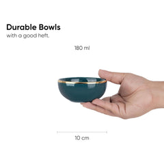 Ceramic Veg Bowls Set Of 6 For Dinner - 180ml Each, Teal Gold | Katori Set With Glossy Finish - Ceramic Bowls Set Of 6 | Dessert Bowl Set - Ice Cream Bowls | Microwave Safe & Dishwasher Safe