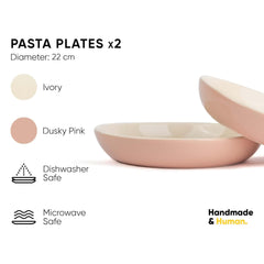 Ceramic Pasta Bowl Set Of 2 Pcs, 22cm - Pink Outside, 300ml Each | Stoneware Ceramic Serving Bowls With Glossy Finish | Pasta Plate - Deep Plate | Ceramic Bowl - Pasta Serving Plate