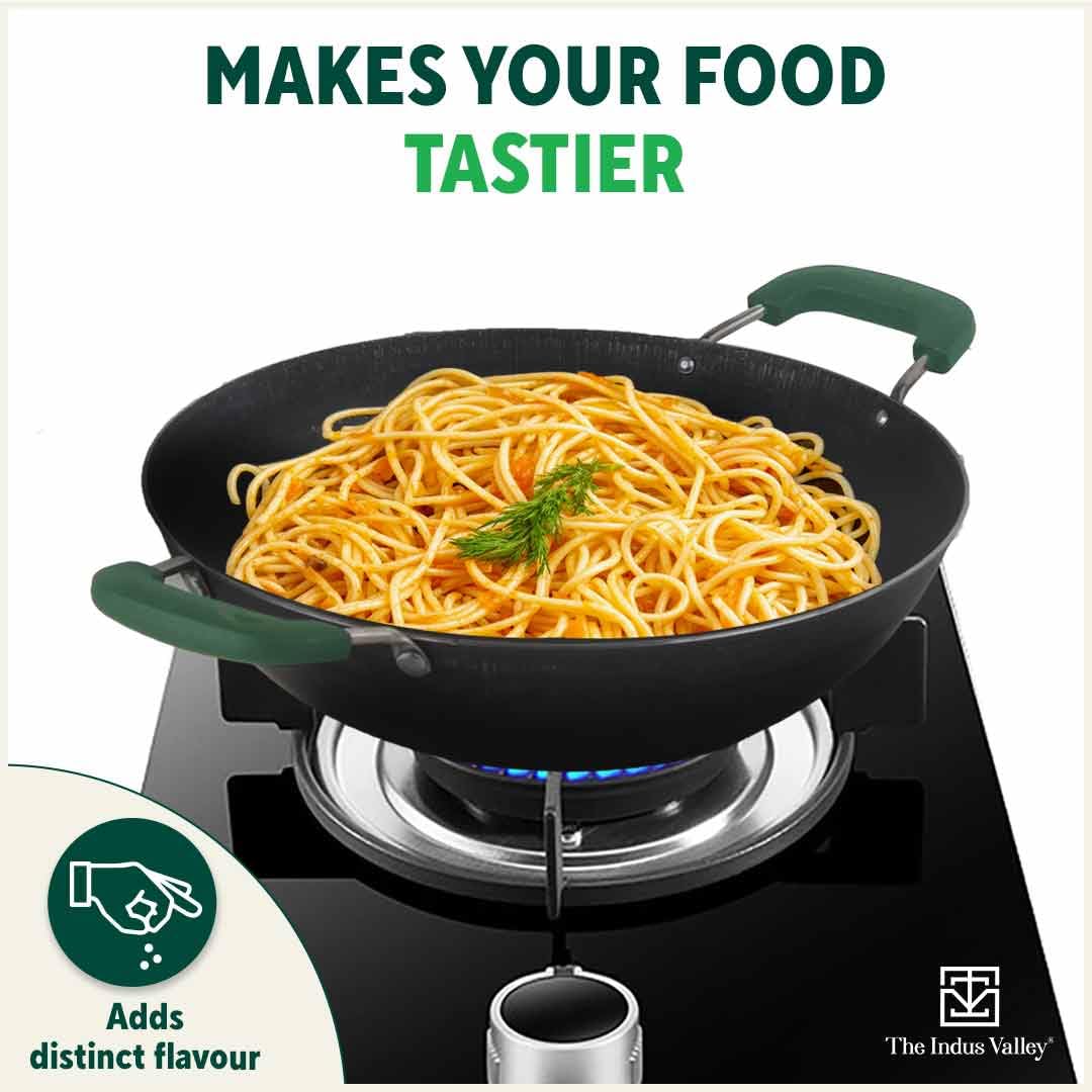Pre-Seasoned Black Iron Kadai With Silicon Grip - Medium, 25.5 Cm, 10 Inch, 2 Liters, 1.08 Kg | Induction Friendly, Flat Base Iron Kadhai, 100% Pure & Toxin-Free, No Chemical Coating Pre-Seasoned Black Iron Kadai With Silicon Grip - Medium, 25.5 Cm, 10 Inch, 2 Liters, 1.08 Kg | Induction Friendly, Flat Base Iron Kadhai, 100% Pure & Toxin-Free, No Chemical Coating