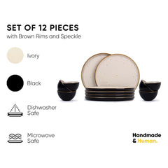 Ceramic Dinner Set Of 12 Pcs, Black Ivory | Crockery Set For Dining Table - Dining Sets Crockery Items | Glossy Finish Premium Stoneware | 6 Dinner Plates + 6 Veg Small Bowls, 180ml Each