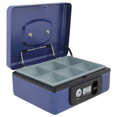 Imported Metal Cash Box With Dual Combination & Password Lock Medium Size Money Box For Cash, Jewellery Safe Locker With Removable Plastic Coin Tray, Colour - Blue, Material - Metal