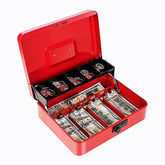 Money Box With Combination Lock, Metal Cash Box With Money Tray, Cash Register, 5 Compartments Cantilever Tray & 4 Spring - Loaded Clips For Bills,11.81"X 9.45"X 3.54" Colour - Red